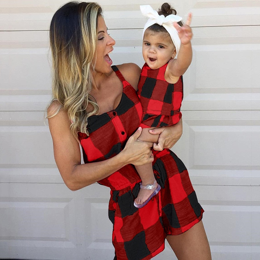 Mother Daughter Family Matching Outfits Clothes Plaid Parent-child Dress Baby Girls Mom Romper Fashion Summer Women Kids Costume