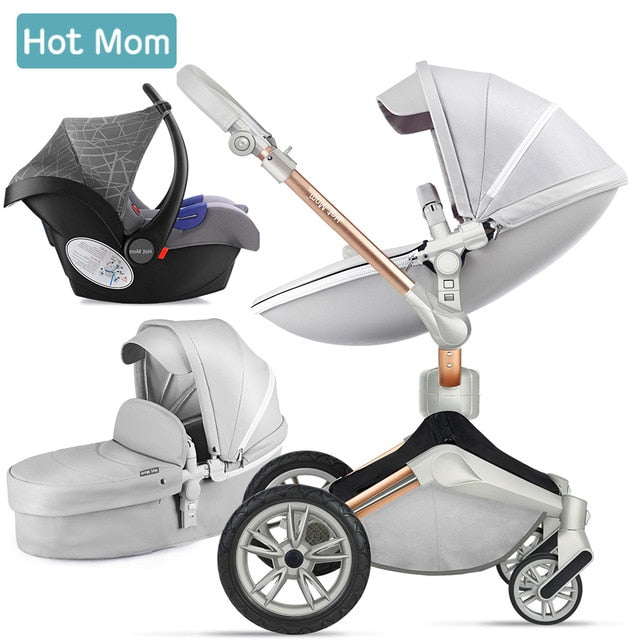 Hot Mom Baby Stroller 3 in 1 travel system with bassinet and car seat 360° Rotation Function,Luxury Pram F023