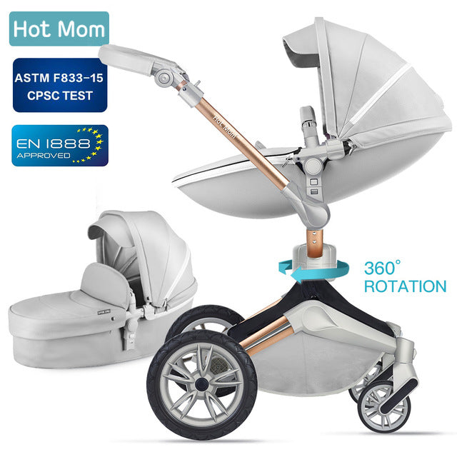 Hot Mom Baby Stroller 3 in 1 travel system with bassinet and car seat 360° Rotation Function,Luxury Pram F023