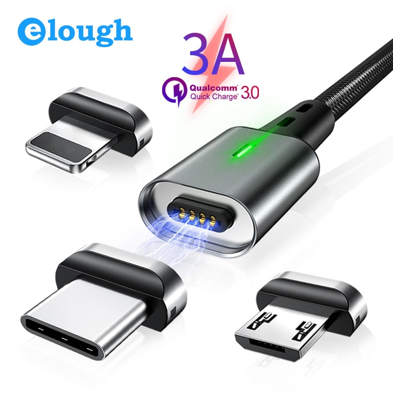 Elough Magnetic Charging Micro USB Cable for iPhone Samsung Xiaomi Mobile Phone QC3.0 شاحن مغناطيسي سريع سلك كابل USB من النوع C.